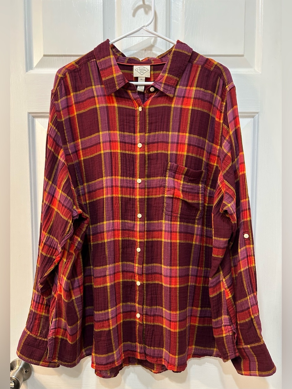 Women's Soft Gauzy Cotton Plaid Top Sz 2XL Breathable Button Front Fall Boho